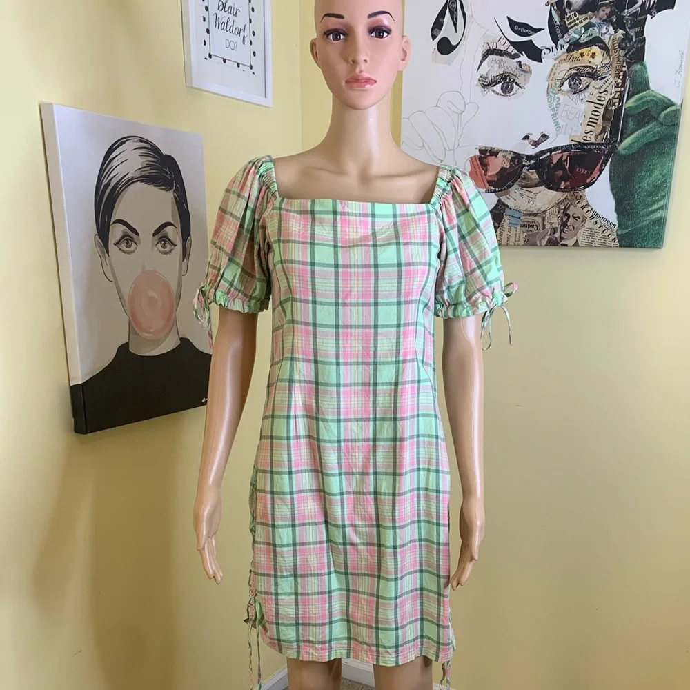 THE RAGGED PRIEST Memory Ruched Mini Dress in Green/Pink Plaid, Size Small - Picture 4 of 6